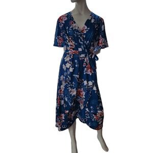 Sheilay Faux Wrap Dress FloralTeal Short Flutter Sleeves Midi